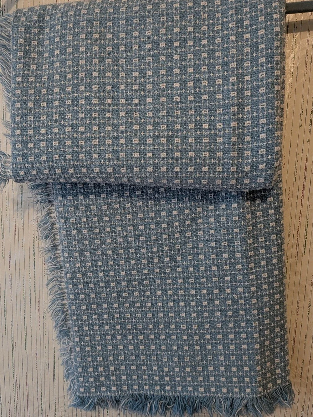 80's Vintage Woven Reversible Square Tablecloth Wedgewood Blue 3.5 x 3.5 Ft